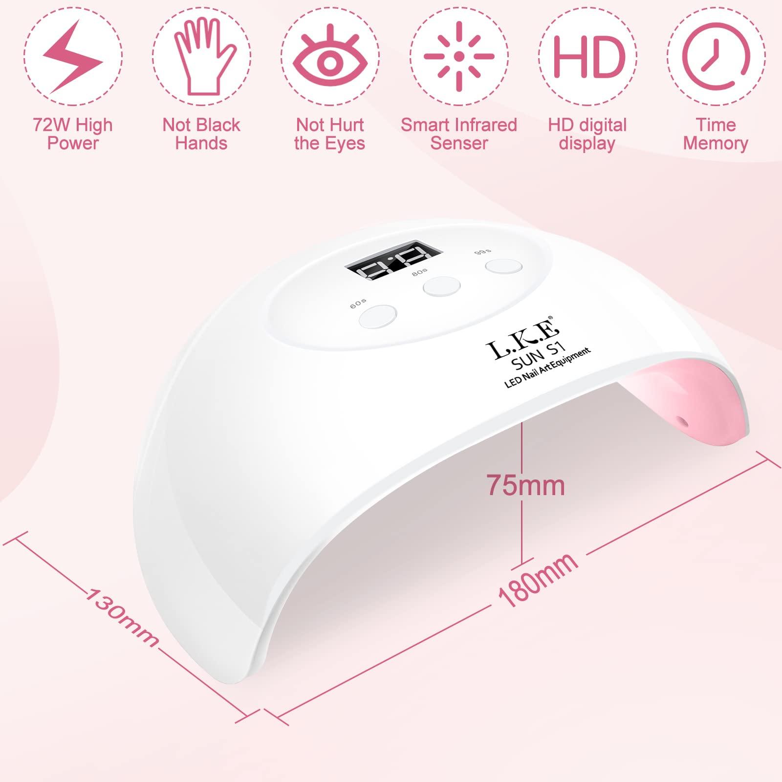 LKE Gel Nail Polish Starter Kit,72W UV LED Lamp Nail Dryer, Top and Base Coat - LKE nail